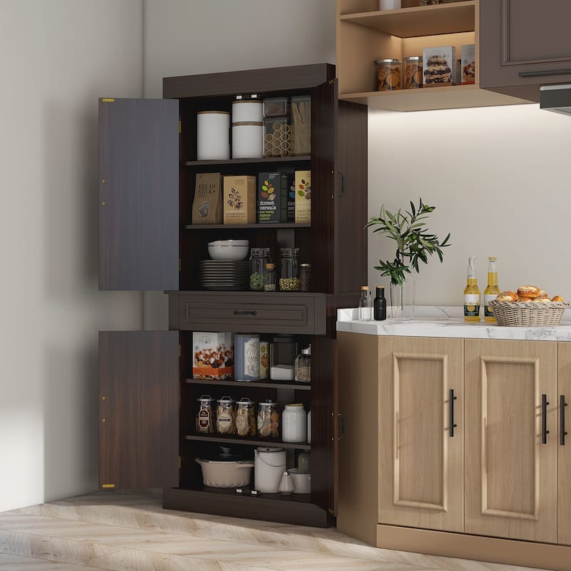 71" Freestanding Kitchen Pantry with 4 Doors, and 2 Large Cabinets, Tall Storage Cabinet with Wide Drawer - Coffee