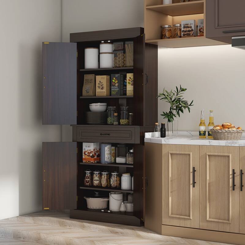 71" Freestanding Kitchen Pantry with 4 Doors and 2 Large Cabinets, Tall Storage Cabinet with Wide Drawer for Dining Room, Coffee
