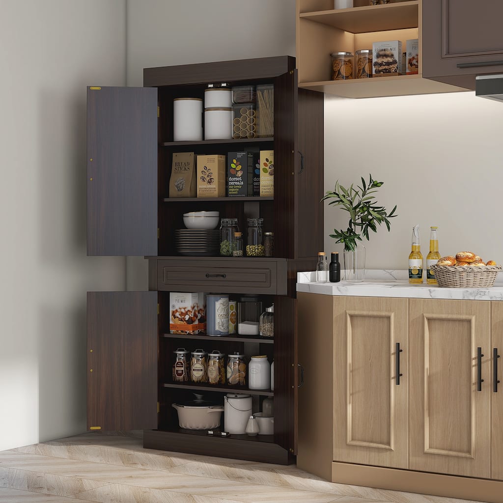 Wood Sideboard Cabinet Kitchen Pantry with Raised Doors & 2 Large Cabinets, Tall Storage Cabinet with Wide Drawer