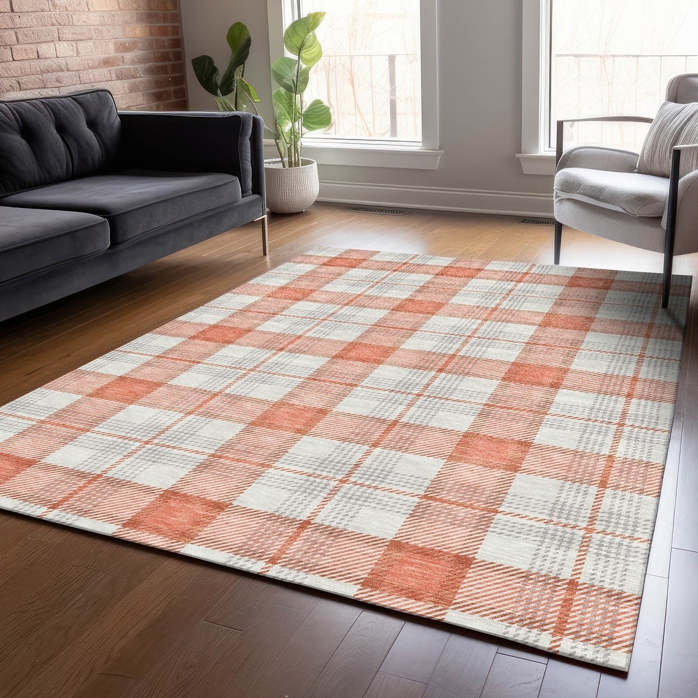 Machine Washable Indoor/ Outdoor Casual Plaid Chantille Rug