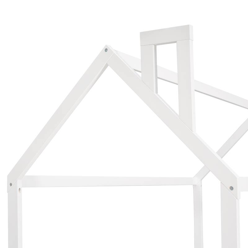 Wooden Twin House Bed with Pine Frame, Roof, and Fence, Perfect for Play and Sleep