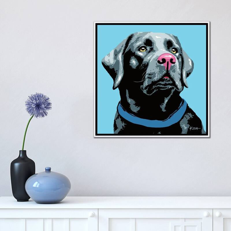 iCanvas "Black Lab Blue Woofhol" by Gretchen Kish Serrano Framed Canvas Print