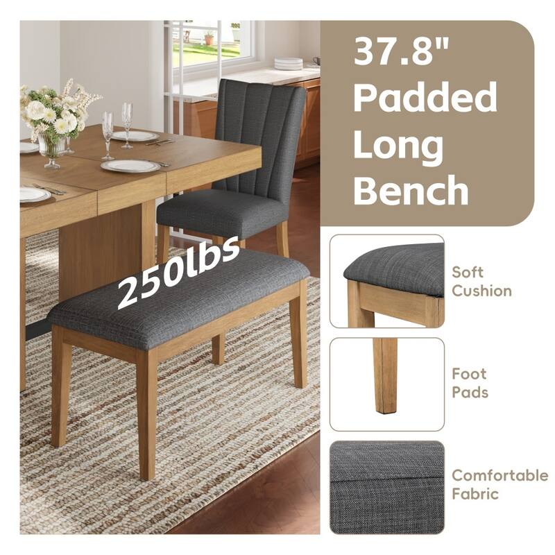 78.1" Farmhouse 6-piece Extendable Wood Dining Set with Bench and 4 Upholstered Chairs