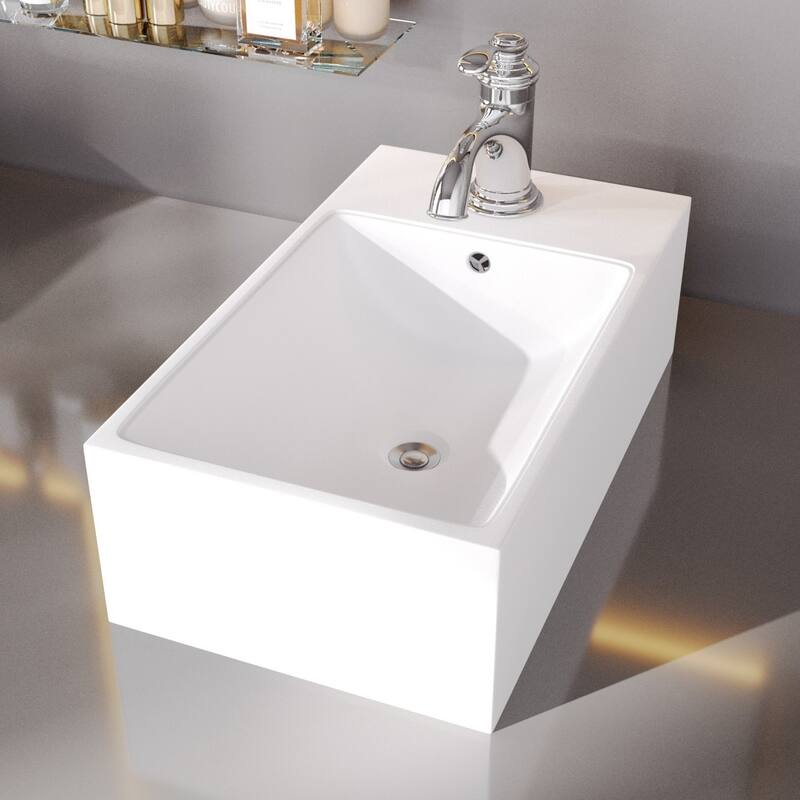 CASKE White Ceramic Rectangular Countertop Vessel Sink with Overflow and Single Faucet Hole