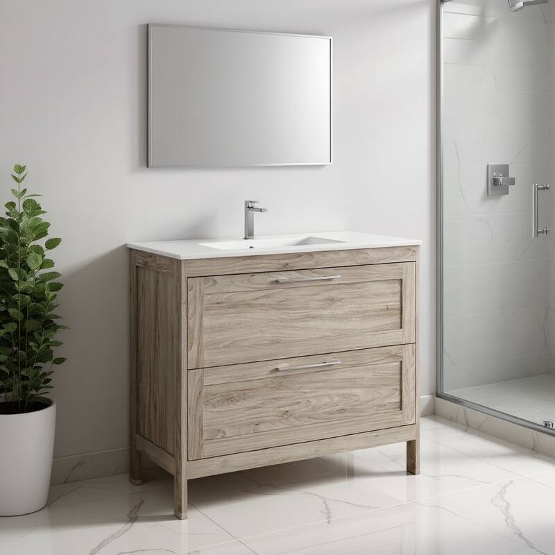 HomeRoots 40" Natural Wood Freestanding Bathroom Vanity With White Sink And Two Drawers - 40.00 in. x 35.06 in. x 17.75 in. - 40.00 in. x 35.06 in.  x 17.75 in. - Polished - Natural