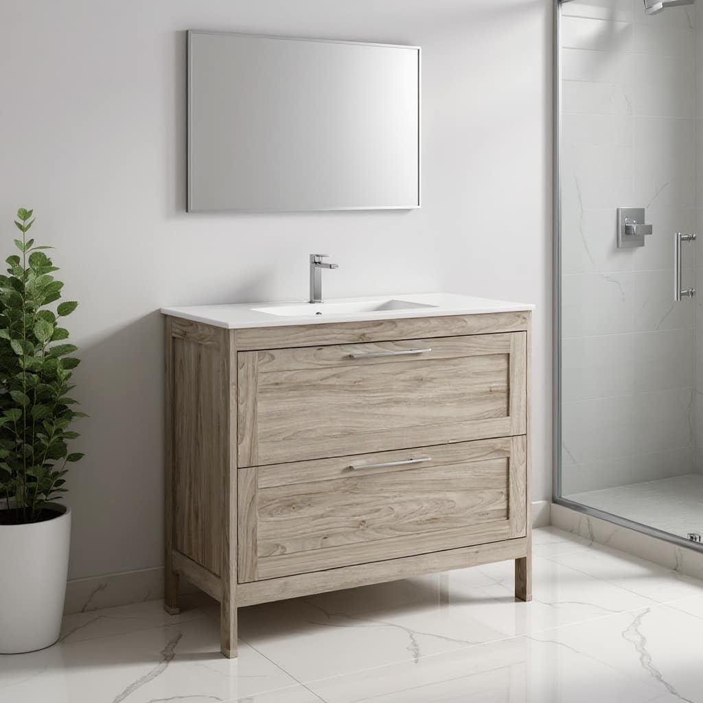 HomeRoots 40" Natural Wood Freestanding Bathroom Vanity With White Sink And Two Drawers - 40.00 in. x 35.06 in. x 17.75 in.