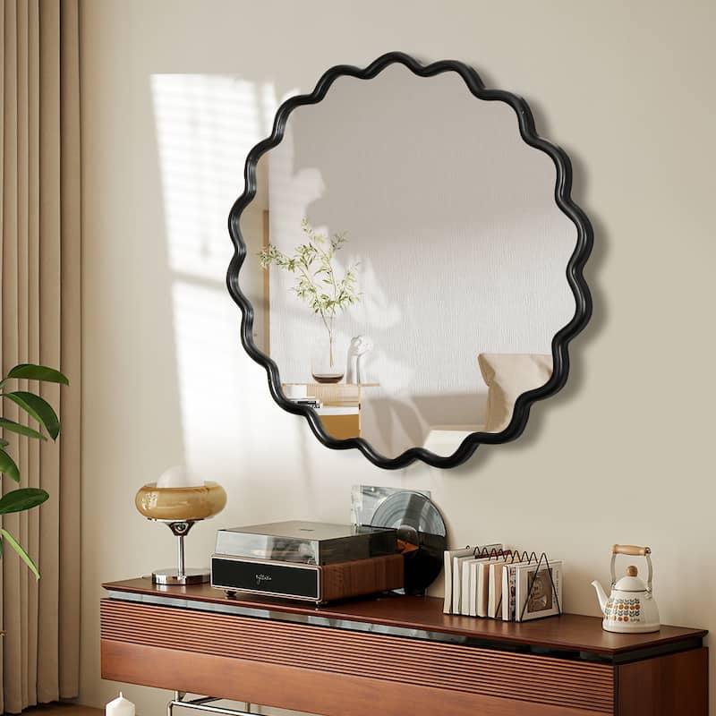 Mia Solid Wood Wavy Round Wall Mirror with HD Reflection and Artistic Frame Design by GDFStudio - Antique Black - 42" x 42"