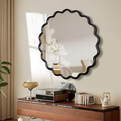 Mia Solid Wood Wavy Round Wall Mirror with HD Reflection and Artistic Frame Design by GDFStudio