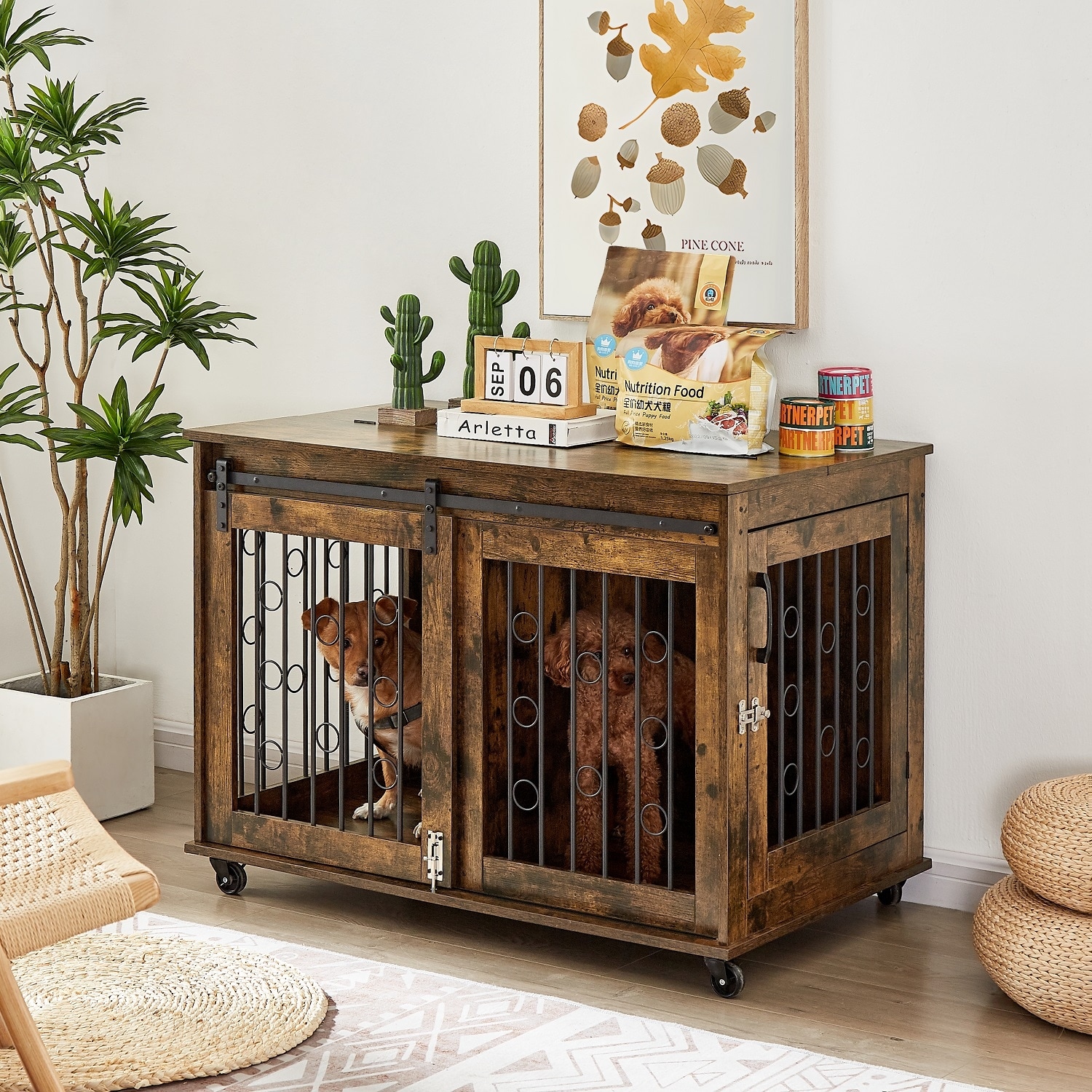 Dog Cage End Table with Sliding Door and Partition for Two Puppies