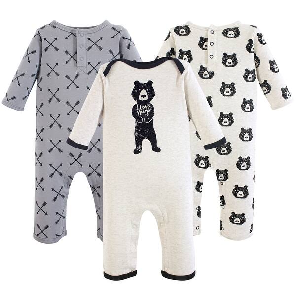 slide 1 of 1, Yoga Sprout Baby Boy Cotton Coveralls 3pk, Bear Hugs 0 - 3 Months - Grey