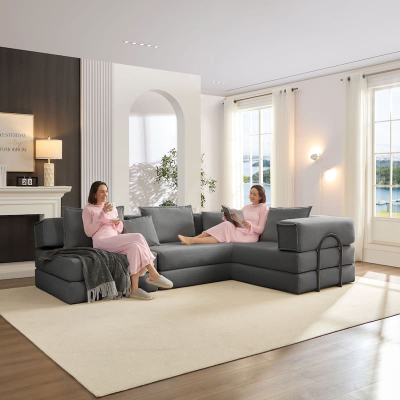 DIY Modular Corduroy L-Shaped Floor Sofa Set with 6 Pillows