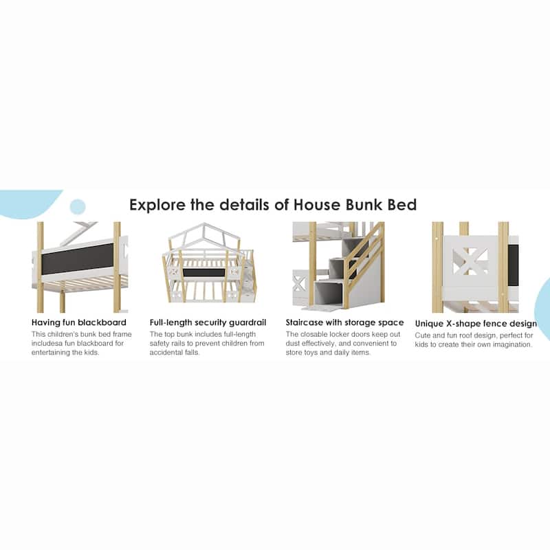Twin over Twin House Bunk Bed with White Storage Staircase