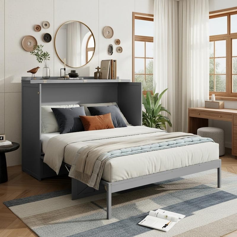 Queen Size Convertible Cabinet Bed with USB Ports by Harper&Bright Designs - Grey