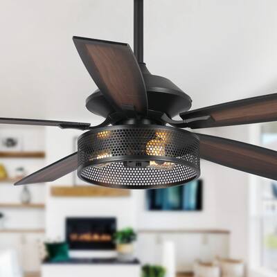 52" Industrial Wood 5-Blade 3-Light Metal Ceiling Fan with Remote