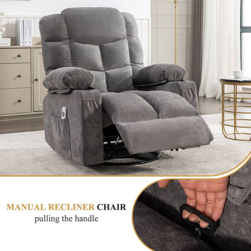 Swivel Massage Recliner Chair with Lumbar Heating, Oversized Lounge Sofa with Cup Holders, USB Port & 2 Side Pockets