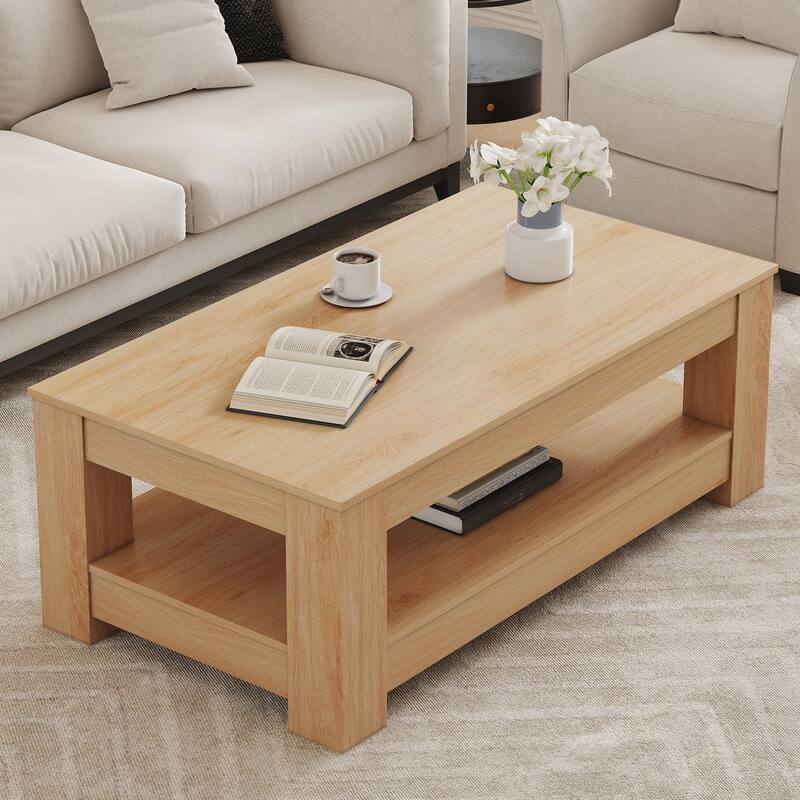 A modern and practical coffee table. The double layered coffee table is made of MDF material