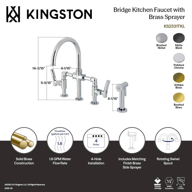 Kingston Brass Hallerbos Two-Handle 4-Hole Deck Mount Bridge Kitchen Faucet with Brass Side Sprayer
