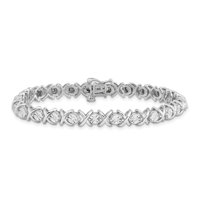 Curata 925 Sterling Silver Polished Box Catch Closure Diamond X Bracelet