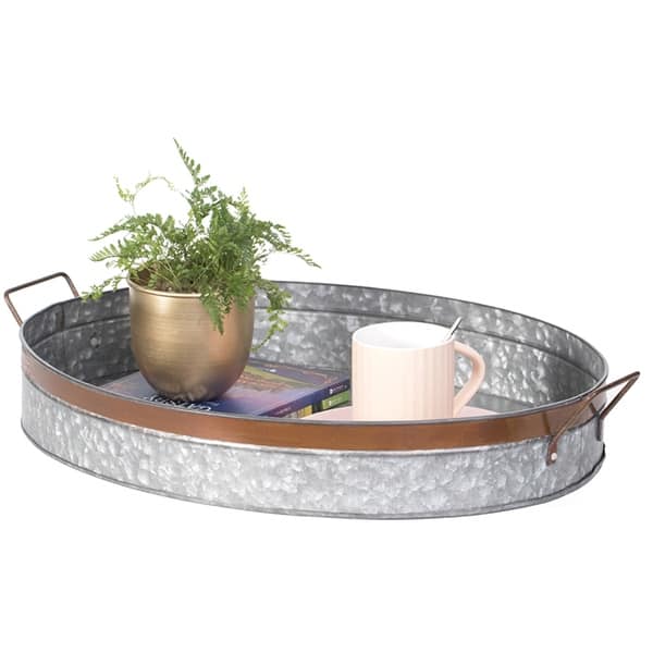 Hipiwe Oval Galvanized Metal Tray With Handles - Rustic Farmhouse Decor Serving Tray, 15.7" X 6.1"