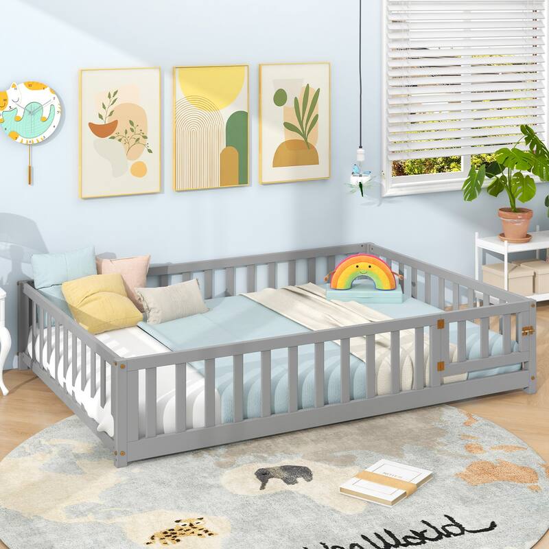 Montessori Floor Bed Frame with Full-length Guardrails Safety Door and Plywood Slats