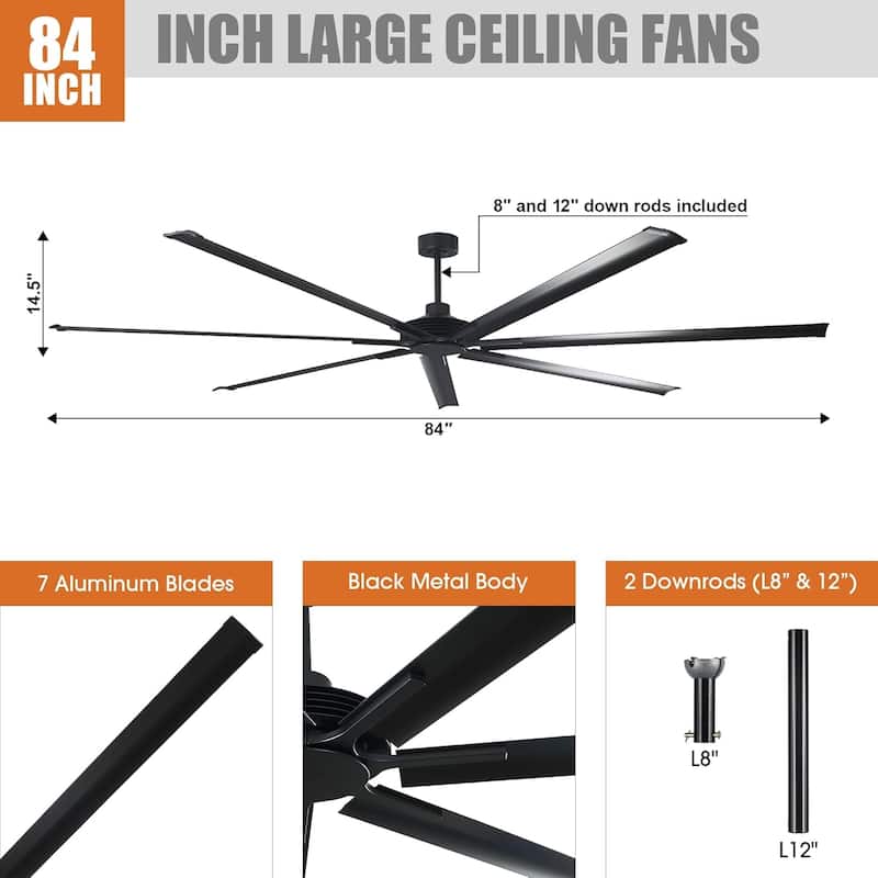 Ceiling Fan Modern 84" Industrial 7-Blade Black Metal