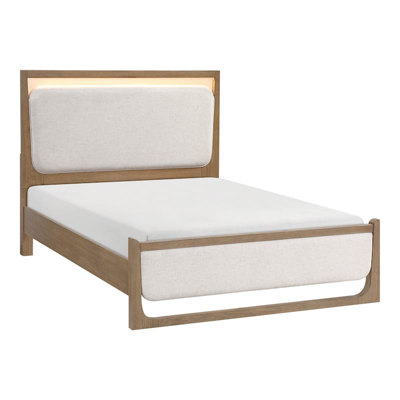 Light Brown Finish Contemporary Design Bed with LED Upholstered Headboard Footboard