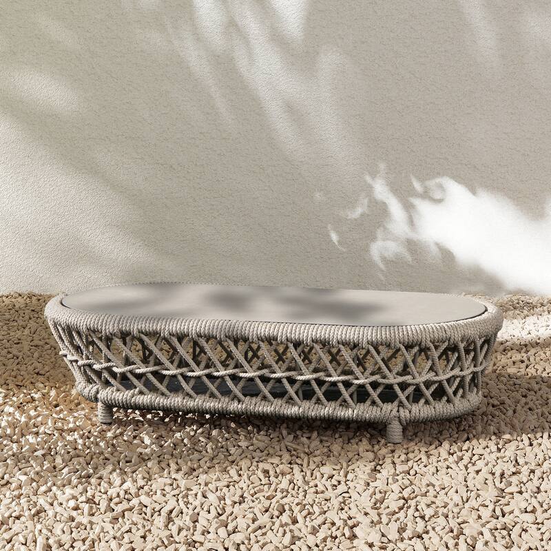 Everly 43.5" Oval Woven Patio Coffee Table, Light Beige Olefin Rope - Beige Greige