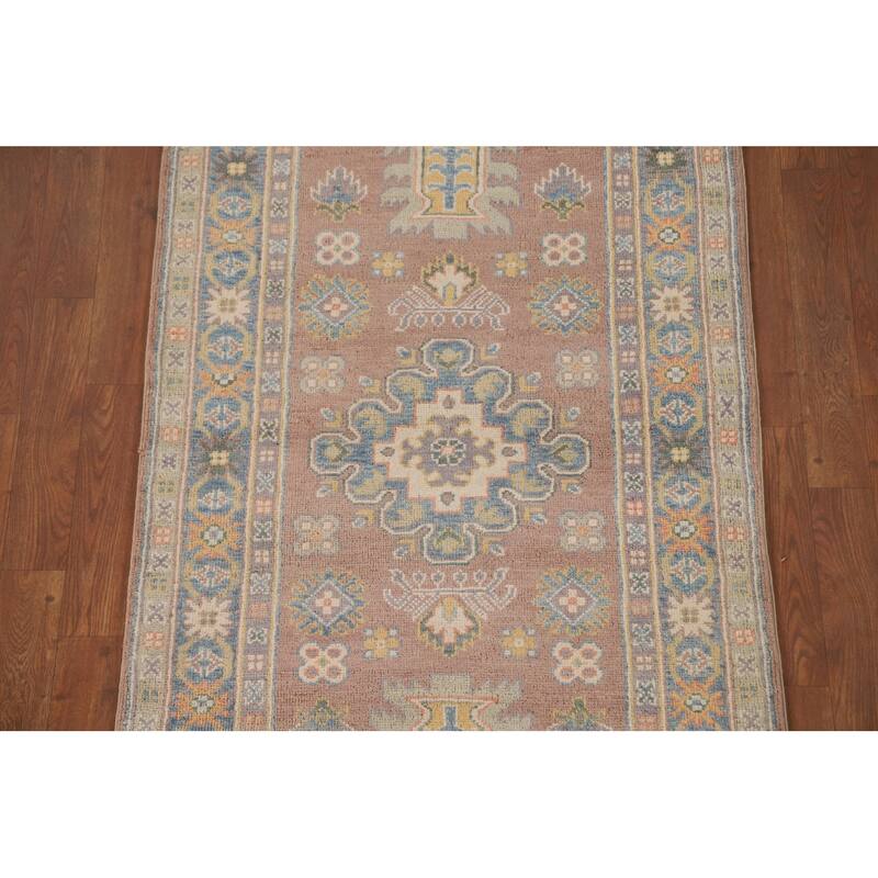 Geometric Brown Kazak Runner Rug Handmade Wool Carpet - 2'10" x 8'4"