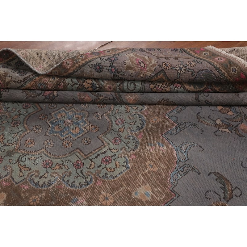 Overdyed Blue Tabriz Persian Vintage Rug Hand-Knotted Wool Carpet - 9'6"x 12'8"