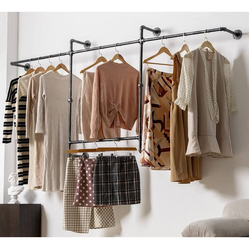 Industrial Pipe Clothing Racks - 9.84"D x 82.68"W x 45.28"H - 9.84"D x 82.68"W x 45.28"H - Brown