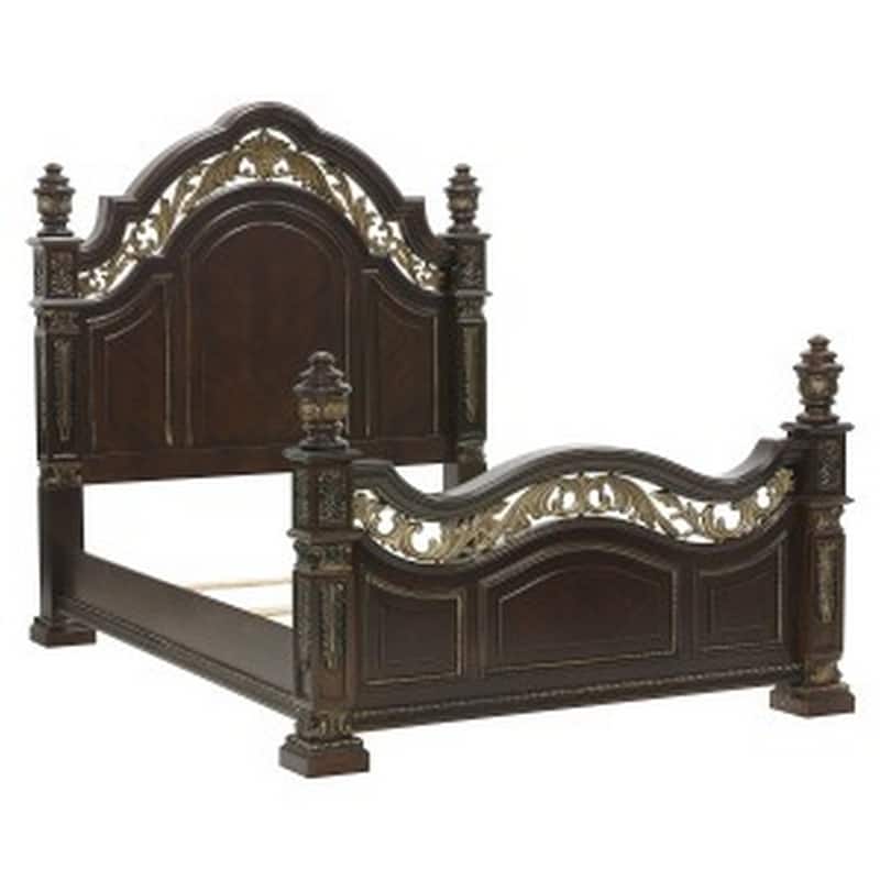 Lumi Queen Bed, Classical Metal Scrollwork, Dark Cherry Brown and Gold