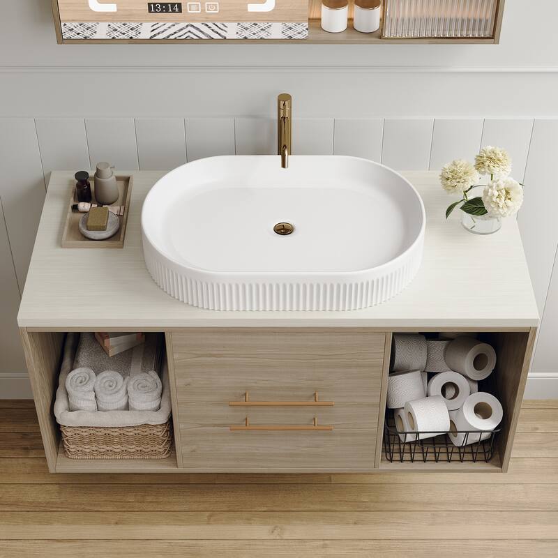 GDFStudio - Contemporary 22.8" Oval Ceramic Vessel Bathroom Sink with Vertical Fluted Design