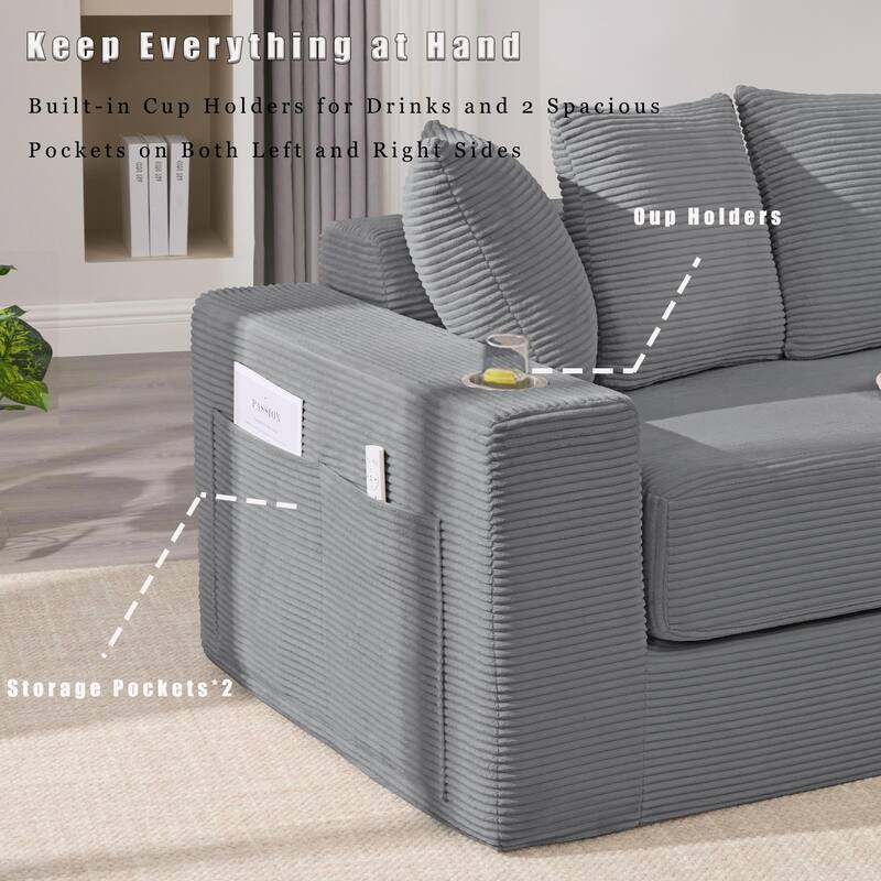 Convertible Corduroy Sleeper Loveseat Sofa Bed 3 Seater Floor Folding Couch with 5 Pillows, Cup Holders and Side Pockets