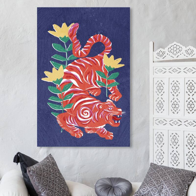 Wynwood Studio Canvas Animals Foral Crimson Tiger Red and Dark Blue Modern & Contemporary Wall Art Canvas Print - 45 x 30