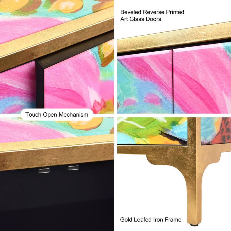 "Secret Garden Floral" Cabinet Console Table on Beveled Reverse Printed Art Glass with Iron Gold Leafed Frame