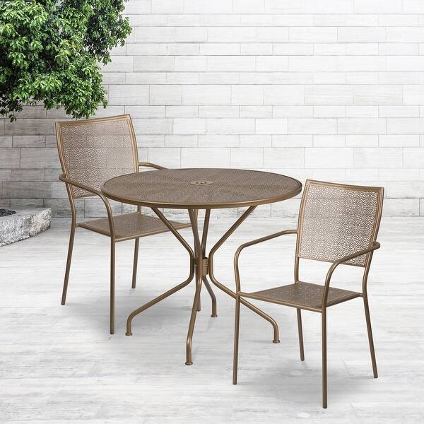 Shop 35 25 Round Gold Indoor Outdoor Steel Patio Table Set W 2 Square Back Chairs Overstock 27415336
