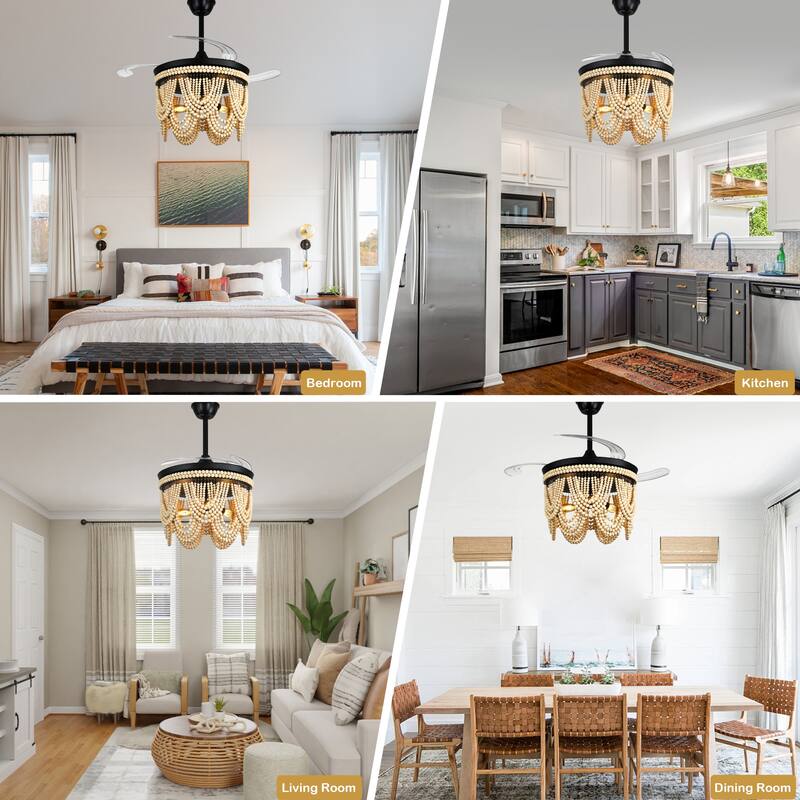 Cusp Barn 42 Inch Boho Retractable Ceiling Fan with Remote, Coastal 6 Speeds Fandelier, Farmhouse Caged Wood Beaded Ceiling Fan