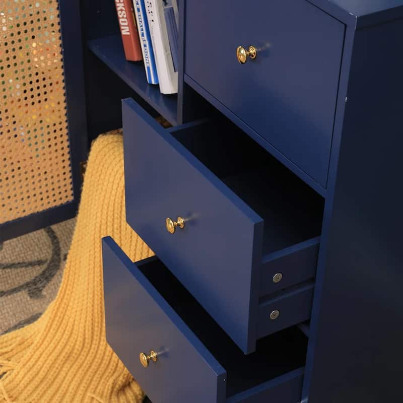 Blue Storage Cabinet with Rattan Doors and Adjustable Shelves