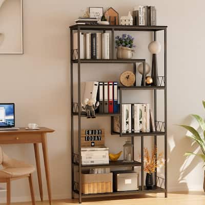 7-Shelves Staggered Bookcase Industrial Etagere Bookcase, Open Book Shelves