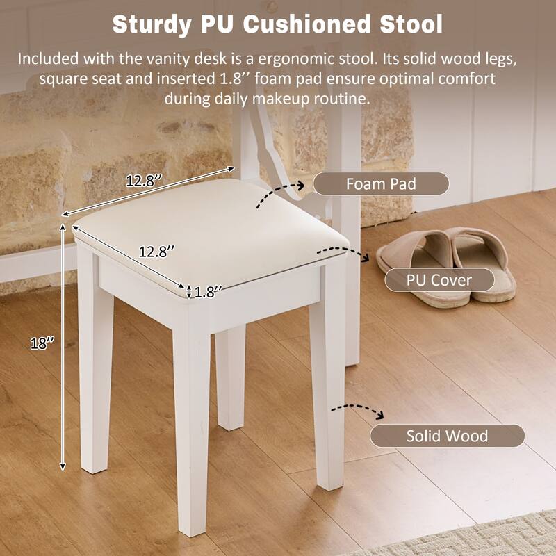 2-Piece Makeup Vanity Desk Set with PU Upholstered Stool, 5 Drawers Vanity Table Dressing Table with Swivel Vanity Mirror, White