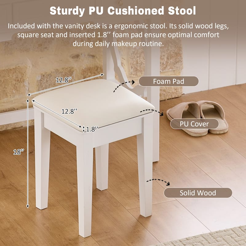 Vanity Desk with Reversible Mirror & Stool, Small Dressing Table Set, Compact Makeup Vanity Table with 5 Drawers