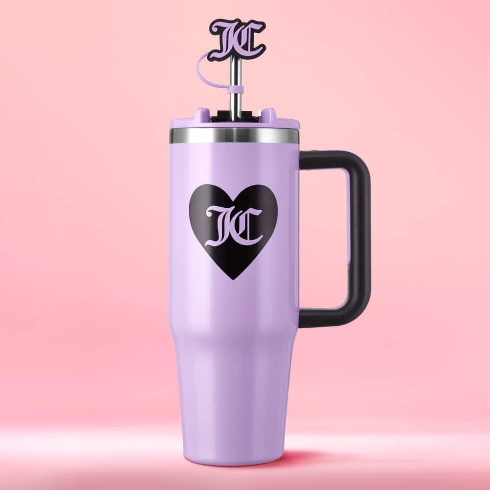 Juicy Couture Jetsetter Hydration Stainless Steel Tumbler with Handle and Straw With Topper
