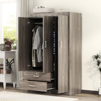 3-Door and 2 Drawers Wardrobe,Large Freestanding Armoire Wardrobe Cabinet, Clothes Storage Cabinet with Hanging Rod
