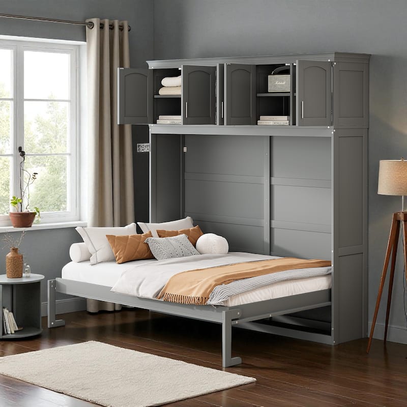 Full Size Murphy Wall Bed with Top Cabinets, Fold-Away Space-Saving Bed with Slat Support, No Box Spring Needed