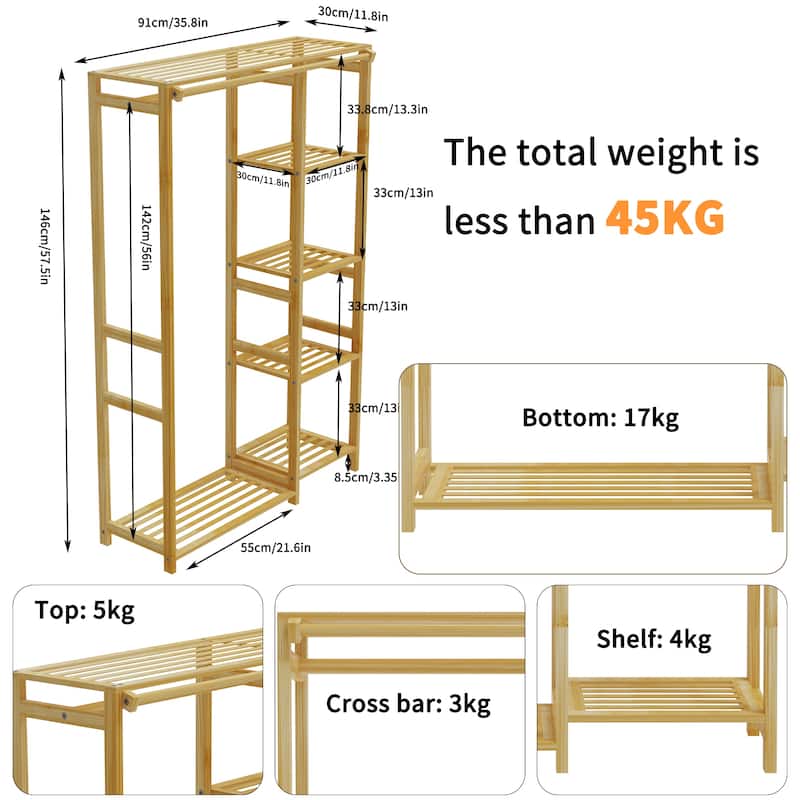 Bamboo Clothes Rack Garment Storage Shelf with Shelves Hanging Cover