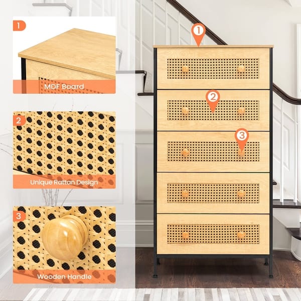 5-Drawer Closet Dresser Chest PE Rattan Storage Tower Organizer Cabinet