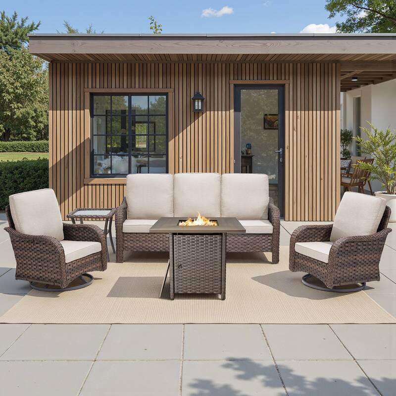 Pocassy Patio Sofa Swivel Chair with Fire Table Funiture - Beige Cushion - Brown Wicker - 5-Piece Sofa Swivel Chair with Fire Table