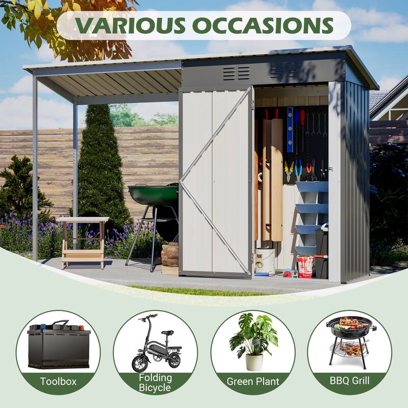 5x3 FT Galvanized Steel Shed and Gazebo Combo, Lean-To Storage Shed with Pergola for Backyard