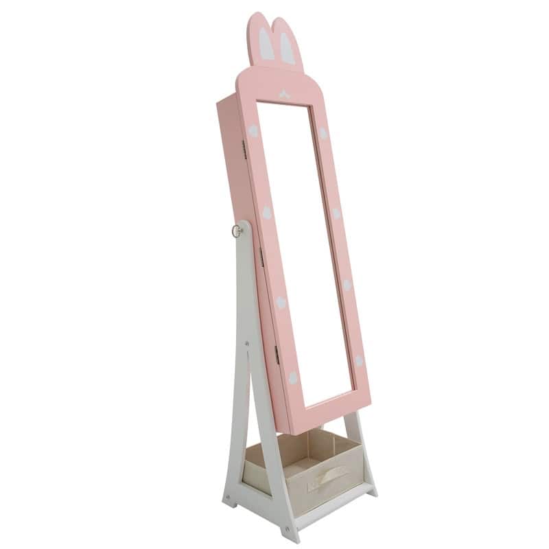 Kids MDF Bunny Jewelry Cabinet In Pink Jewelry Armoire With Mirror, 1 Door And 1 Fabric Drawer
