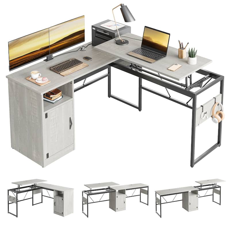 Versatile 60" L Shaped Standing Desk with Lift Top & Storage Cabinet, Corner Desk Extending to 95’’ with Hooks